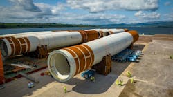 Moray West monopiles rest at Invergordon port. Moray West monopiles rest at Invergordon port.