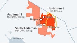The dark red area represents Harbour operated interests, and light red represents Harbour's non-operated interests. The Timpan gas discovery is also noted in the center of the map, with surrounding exploration wells illustrated with white circles. The dark red area represents Harbour operated interests, and light red represents Harbour's non-operated interests. The Timpan gas discovery is also noted in the center of the map, with surrounding exploration wells illustrated with white circles.