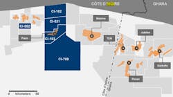 Map of Tano Basin: The dark blue area represents Murphy's working interest block, and the orange areas represents discovered fields. Circles are discoveries. Map of Tano Basin: The dark blue area represents Murphy's working interest block, and the orange areas represents discovered fields. Circles are discoveries.