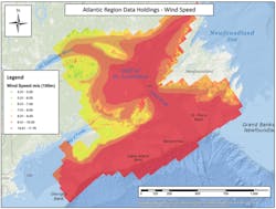 Modeled wind speed data in Atlantic Canada.