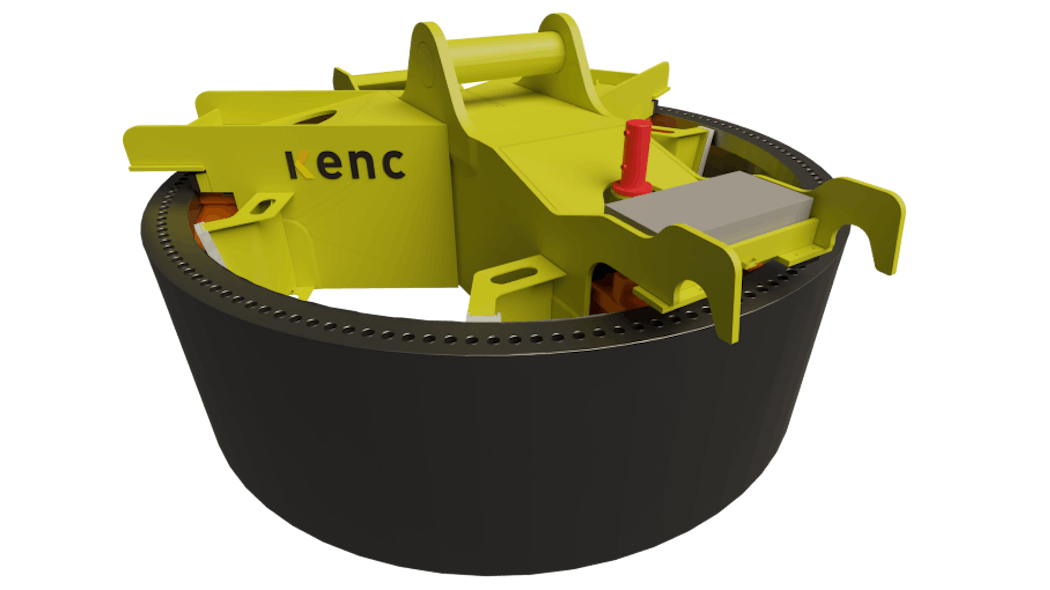 A 3D render depicts the Flange Monopile Upending Tool.
