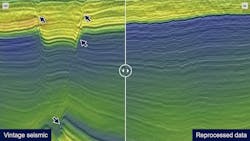 Comparison between vintage seismic (2005) and new imaging (2023 raw stack data overlain the velocity model) demonstrates the reprocessing uplift. Comparison between vintage seismic (2005) and new imaging (2023 raw stack data overlain the velocity model) demonstrates the reprocessing uplift.