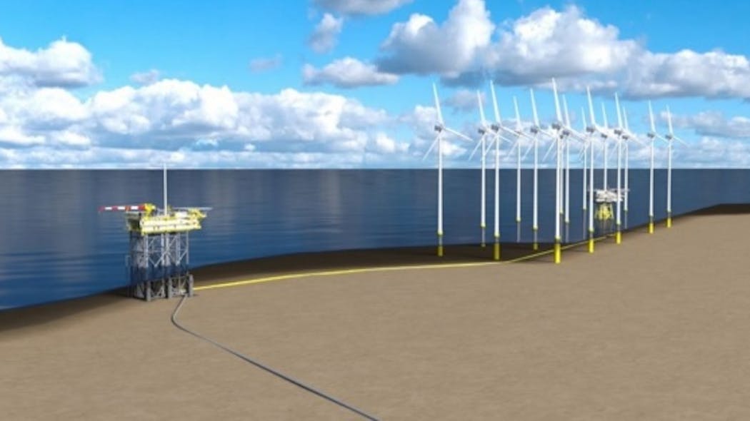 Visualization platform N05-A in the North Sea is connected to the Riffgat offshore wind farm.