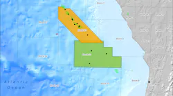 In this CGG illustration, orange represents Block 21 3D and green represents Block 22 3D, both located offshore West Africa. Black dots are wells.