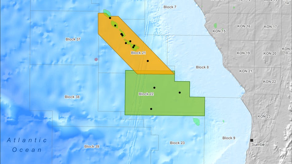 In this CGG illustration, orange represents Block 21 3D and green represents Block 22 3D, both located offshore West Africa. Black dots are wells.