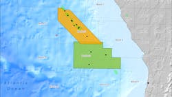 In this CGG illustration, orange represents Block 21 3D and green represents Block 22 3D, both located offshore West Africa. Black dots are wells. In this CGG illustration, orange represents Block 21 3D and green represents Block 22 3D, both located offshore West Africa. Black dots are wells.