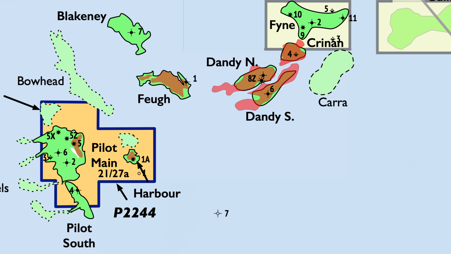 On this Orcadian Energy map of the company's licenses, the darker green areas represent oil discoveries, while the lighter green areas outlined in a dotted line are oil prospects.