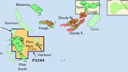 On this Orcadian Energy map of the company's licenses, the darker green areas represent oil discoveries, while the lighter green areas outlined in a dotted line are oil prospects. On this Orcadian Energy map of the company's licenses, the darker green areas represent oil discoveries, while the lighter green areas outlined in a dotted line are oil prospects.