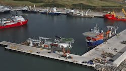An aerial view shows the South Harbour in Aberdeen, which could host marshalling and assembly operations for floating offshore wind projects in the North Sea. An aerial view shows the South Harbour in Aberdeen, which could host marshalling and assembly operations for floating offshore wind projects in the North Sea.