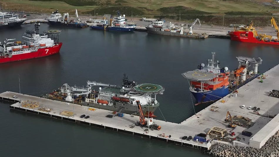 An aerial view shows the South Harbour in Aberdeen, which could host marshalling and assembly operations for floating offshore wind projects in the North Sea.