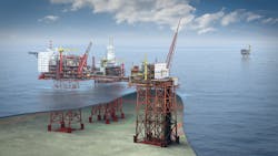 Aker BP’s new central processing and wellhead platform in the southern Norwegian North Sea. Aker BP’s new central processing and wellhead platform in the southern Norwegian North Sea.