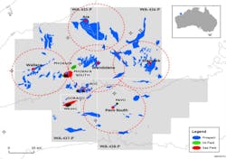 The map highlights five high-graded well targets and the related clusters that would be de-risked in the case of a successful well.