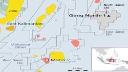 Eni has announced what it describes as a “significant gas discovery” from the Geng North-1 exploration well drilled in North Ganal PSC, about 85 km off the coast of East Kalimantan in Indonesia. Eni has announced what it describes as a “significant gas discovery” from the Geng North-1 exploration well drilled in North Ganal PSC, about 85 km off the coast of East Kalimantan in Indonesia.