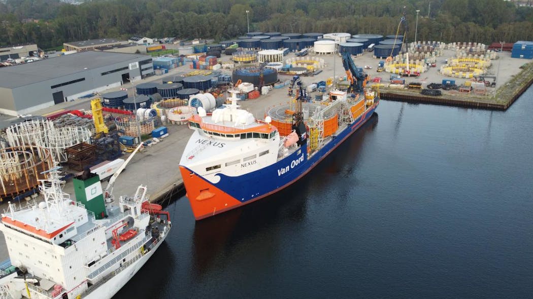 This week the inter-array cable loading onto Van Oord&rsquo;s cable-laying vessel Nexus has commenced.