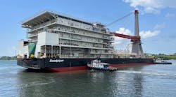 Sandpiper is a flat-bottom, anchored barge for shallow-water offshore construction activities, purchased by Allseas in 2022 and upgraded for pipelaying in 2022/23.