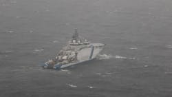 Finnish Border Guard shows its vessel Turva on patrol on Oct. 11, 2023, near where the damaged Balticconnector gas pipeline was pinpointed in the Gulf of Finland.