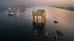 The DolWin epsilon platform embarks upon its sailaway from Singapore.