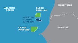 Offshore Mauritania and Senegal, a Kosmos-bp partnership has been developing the Greater Tortue Ahmeyim LNG project. In water depths of up to 2,850 m, a gas field is being developed that Kosmos says has a 30-year production potential. Offshore Mauritania and Senegal, a Kosmos-bp partnership has been developing the Greater Tortue Ahmeyim LNG project. In water depths of up to 2,850 m, a gas field is being developed that Kosmos says has a 30-year production potential.