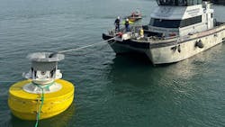 The Oasis Power Buoy transfers power to the CTV GXS Viking in Peterhead, Scotland. The Oasis Power Buoy transfers power to the CTV GXS Viking in Peterhead, Scotland.