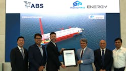 ABS Director of Business Development Ben Ford (center left) and Shapoorji Pallonji Energy President Projects Ankit Garg (center right) hold the ABS AiP certificate. ABS Director of Business Development Ben Ford (center left) and Shapoorji Pallonji Energy President Projects Ankit Garg (center right) hold the ABS AiP certificate.