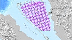 The map highlights the location of the 2D multiclient seismic program offshore Malaysia (see pink grid area).