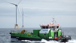 Green Marine's Green Storm crew transfer vessel works near the Beatrice Offshore Wind Farm. Green Marine's Green Storm crew transfer vessel works near the Beatrice Offshore Wind Farm.