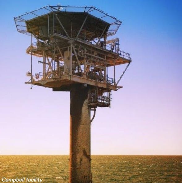 The Campbell facility is a monopod structure secured to the seabed by three piled legs. The platform is normally unmanned with simple facilities and minimal topside equipment.