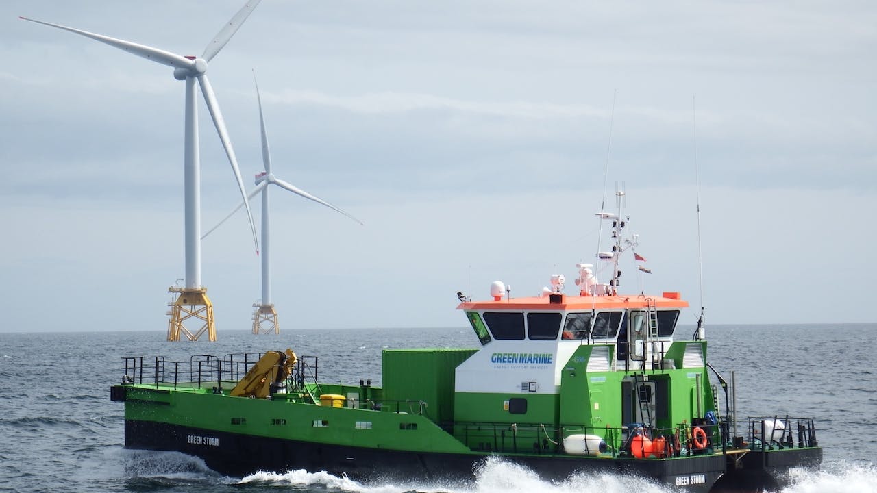 Green Marine&rsquo;s Green Storm crew transfer vessel operates near the Beatrice offshore wind farm off the coast of Scotland.