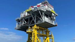 An Offshore Ram Luffing type crane is on the Neart na Gaoithe (NnG) substation.