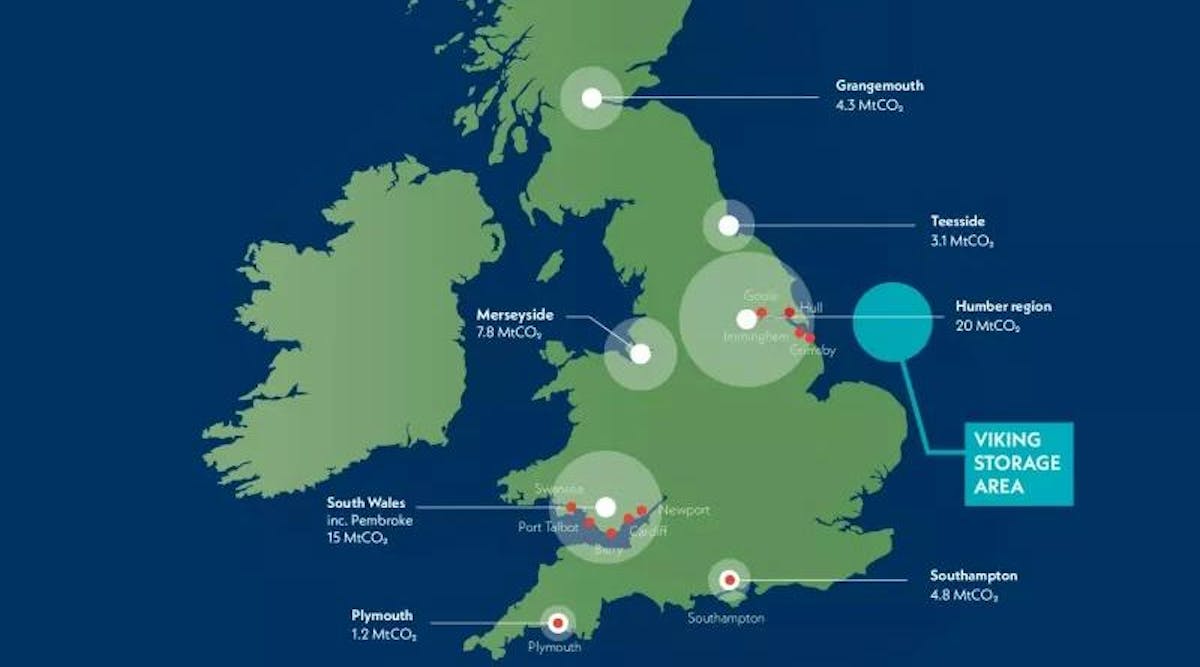 Viking CCS emissions map highlights the Viking storage area. Red dots represent associated British ports.