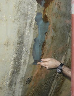 The weakest link in corrosion protection of offshore assets is the coating. For a number of reasons, the coating can fail and then nothing can prevent the corrosion. Coatings fail because they are the wrong coatings and not strong enough, the surface is poorly prepared, the application is faulty, or because of mechanical damage and undercreep. The photo shows the hull condition of a semisubmersible after five years with a traditional coating before the hull was completed grit blasted and recoated with Ecolock. The weakest link in corrosion protection of offshore assets is the coating. For a number of reasons, the coating can fail and then nothing can prevent the corrosion. Coatings fail because they are the wrong coatings and not strong enough, the surface is poorly prepared, the application is faulty, or because of mechanical damage and undercreep. The photo shows the hull condition of a semisubmersible after five years with a traditional coating before the hull was completed grit blasted and recoated with Ecolock.