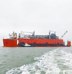 EXMAR&rsquo;s Tango FLNG is shown being heavy-lifted to its new station in Buenos Aires, Argentina, following its original service in the Caribbean. The EXMAR project manager, who originally chose Ecolock for the project in 2014, needed 15 years of protection from the coating. The underwater hull was coated with Ecolock, which Subsea Industries says was still in pristine condition in 2023.
