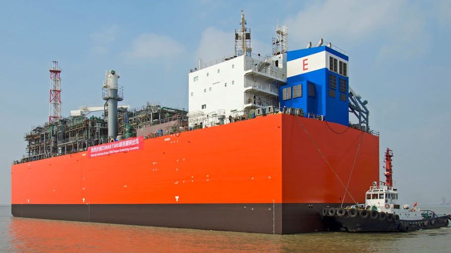 The EXMAR FSRU (now the Eemshaven) is pictured shortly after launch in China. The underwater hull (brown paint) is fully protected with Ecolock, and Subsea Industries says this has lasted in pristine condition for more than seven years and shows no sign of degradation or loss of thickness.