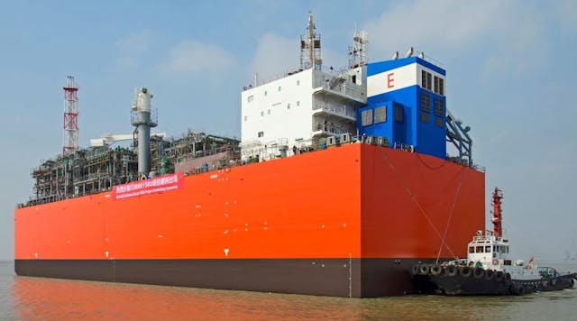 The EXMAR FSRU (now the Eemshaven) is pictured shortly after launch in China. The underwater hull (brown paint) is fully protected with Ecolock, and Subsea Industries says this has lasted in pristine condition for more than seven years and shows no sign of degradation or loss of thickness.