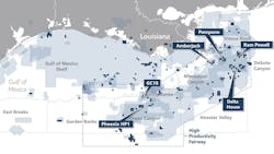 Navy blue represents Talos Energy&apos;s acreage in the Gulf of Mexico, and light blue areas represent the company&apos;s seismic.