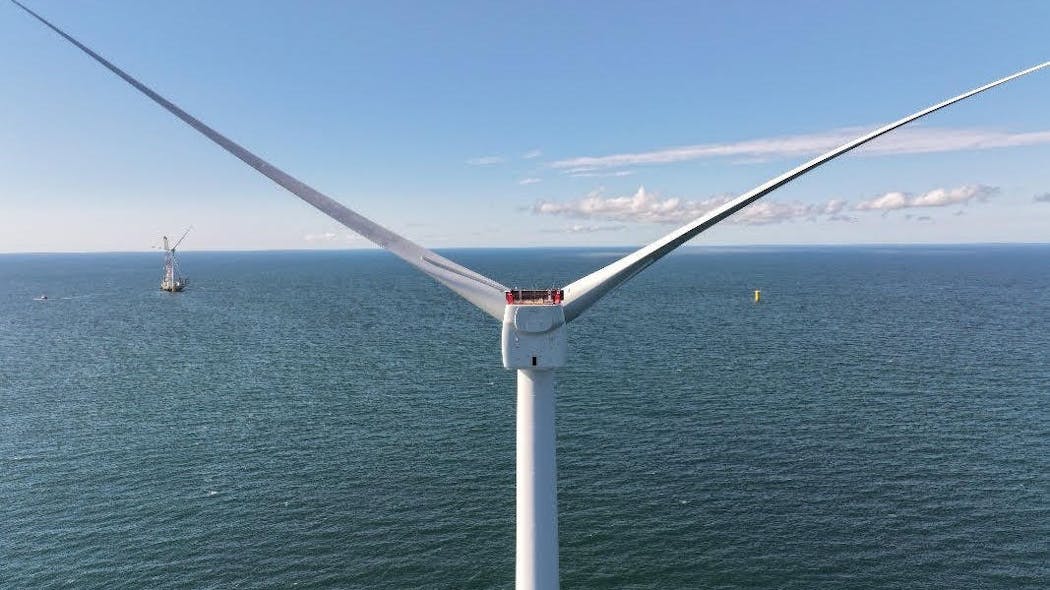 A GE Haliade-X turbine stands in the Vineyard Wind 1 project area south of Martha&rsquo;s Vineyard.