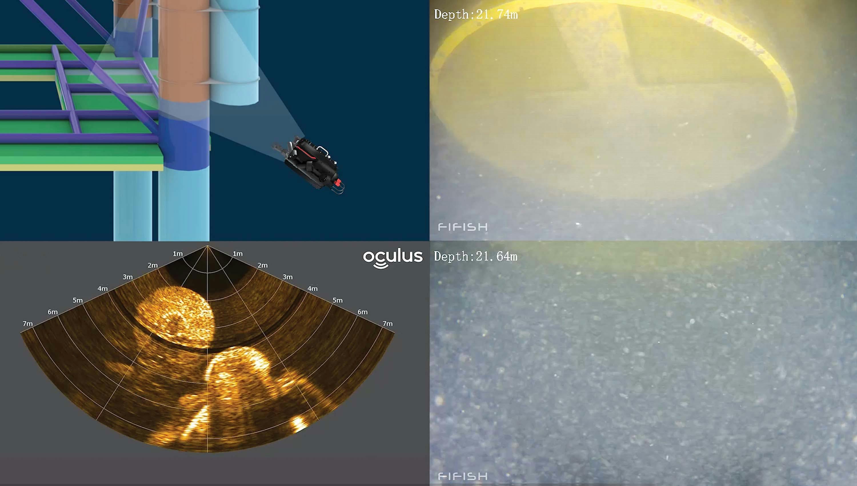 An offshore platform gets checkups with the FIFISH and its imaging sonar attachment. An offshore platform gets checkups with the FIFISH and its imaging sonar attachment.