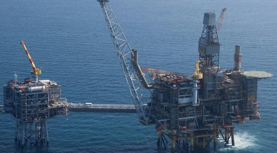 Britannia in the North Sea sits about 210 km northeast of Aberdeen. The complex consists of a drilling, production and accommodation platform, a long-term compression module of mono-column design and a 90-metre bridge connected to a production and utilities platform.