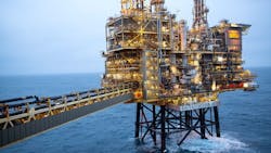 The Shearwater platform's walkway leads to a wellhead jacket. This North Sea platform is located offshore Scotland. The Shearwater platform's walkway leads to a wellhead jacket. This North Sea platform is located offshore Scotland.