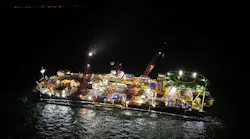 A drone photo shows the Castoro 10 vessel during an Above Water Tie-In operation of the two 48-inch pipeline sections, about 4 km offshore Mukran port, Germany.