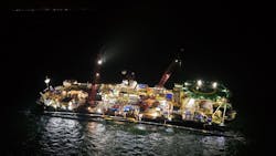 A drone photo shows the Castoro 10 vessel during an Above Water Tie-In operation of the two 48-inch pipeline sections, about 4 km offshore Mukran port, Germany. A drone photo shows the Castoro 10 vessel during an Above Water Tie-In operation of the two 48-inch pipeline sections, about 4 km offshore Mukran port, Germany.