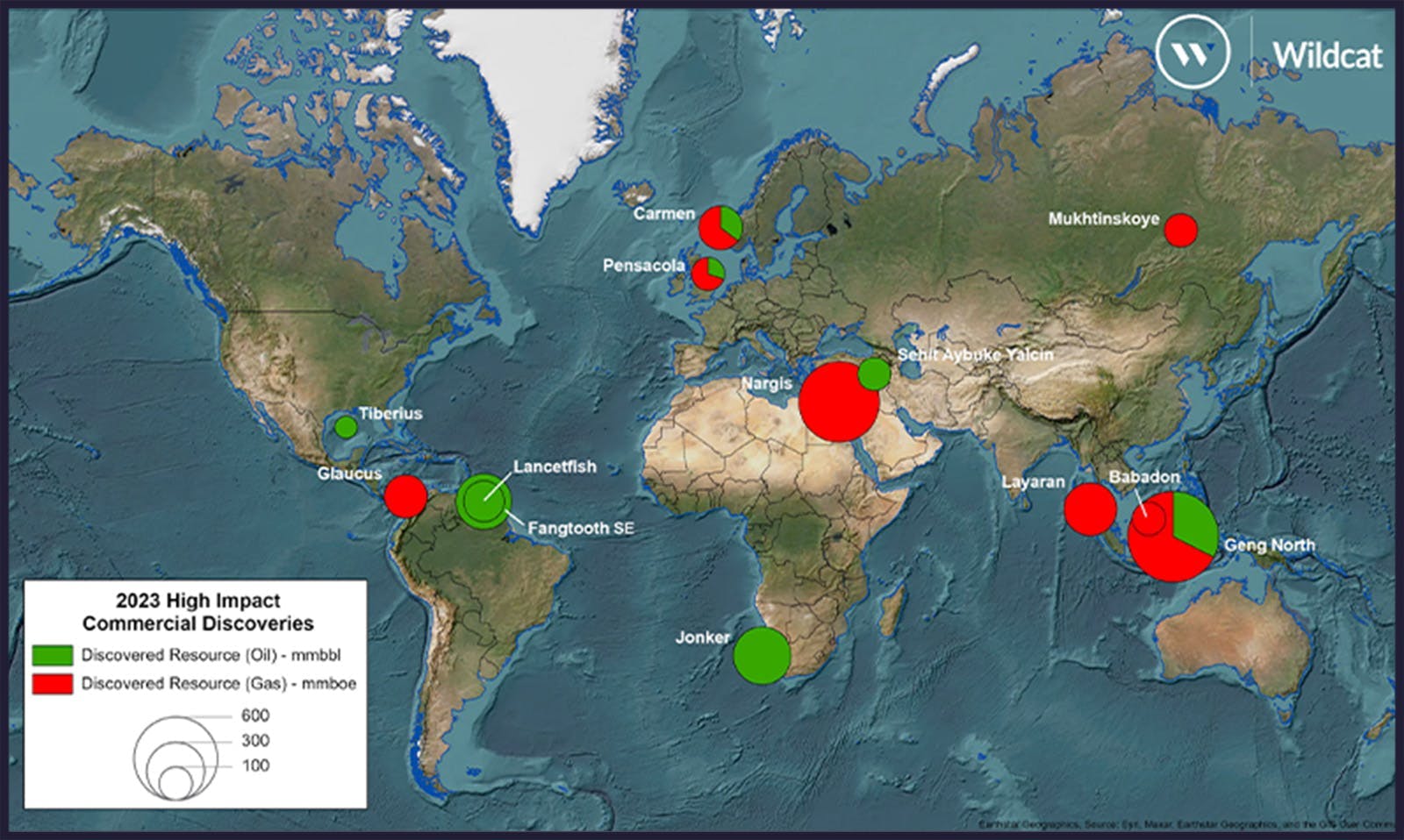 The map displays potentially commercial discoveries from the high-impact well program in 2023.