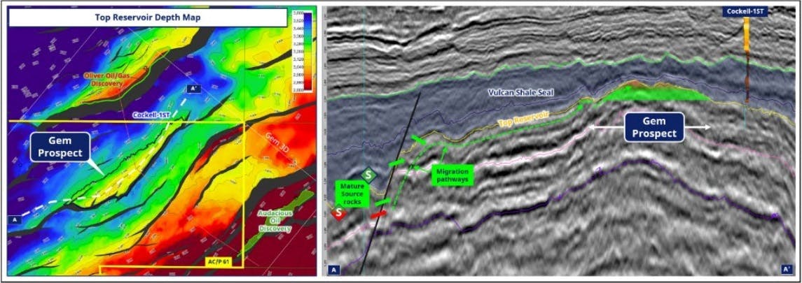 Top Plover reservoir depth map and Gem 3D seismic line showing Gem prospect Top Plover reservoir depth map and Gem 3D seismic line showing Gem prospect