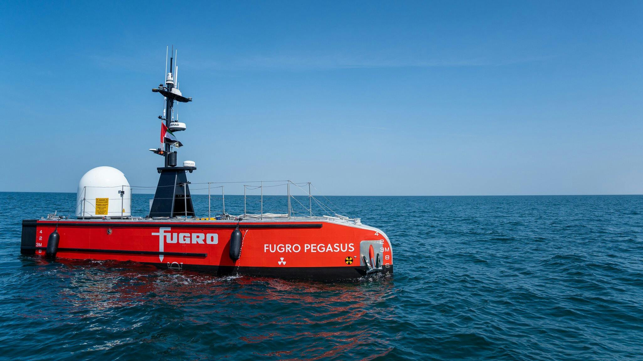 Fugro's 12-m Blue Essence uncrewed surface vessel (USV), the Fugro Pegasus, received full navigation licensing from the UAE Ministry of Energy and Infrastructure in April 2023.
