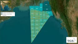 The map details the TGS 2D multiclient seismic coverage offshore Bangladesh and 2024 Bangladesh Offshore Bid Round license blocks.