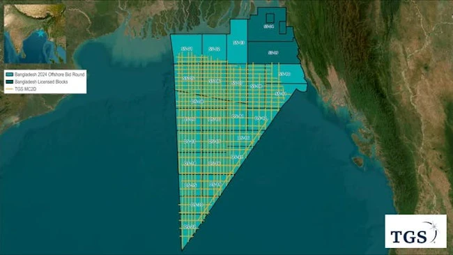 The map details the TGS 2D multiclient seismic coverage offshore Bangladesh and 2024 Bangladesh Offshore Bid Round license blocks.