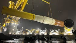 Monopile steel foundations used for &Oslash;rsted&apos;s offshore wind farm Borkum Riffgrund 3 in Germany