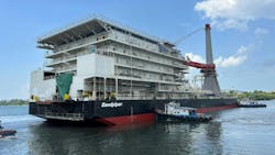 A flat-bottom anchor barge, Allseas’ Sandpiper has been newly converted for shallow-water construction activity. A flat-bottom anchor barge, Allseas’ Sandpiper has been newly converted for shallow-water construction activity.