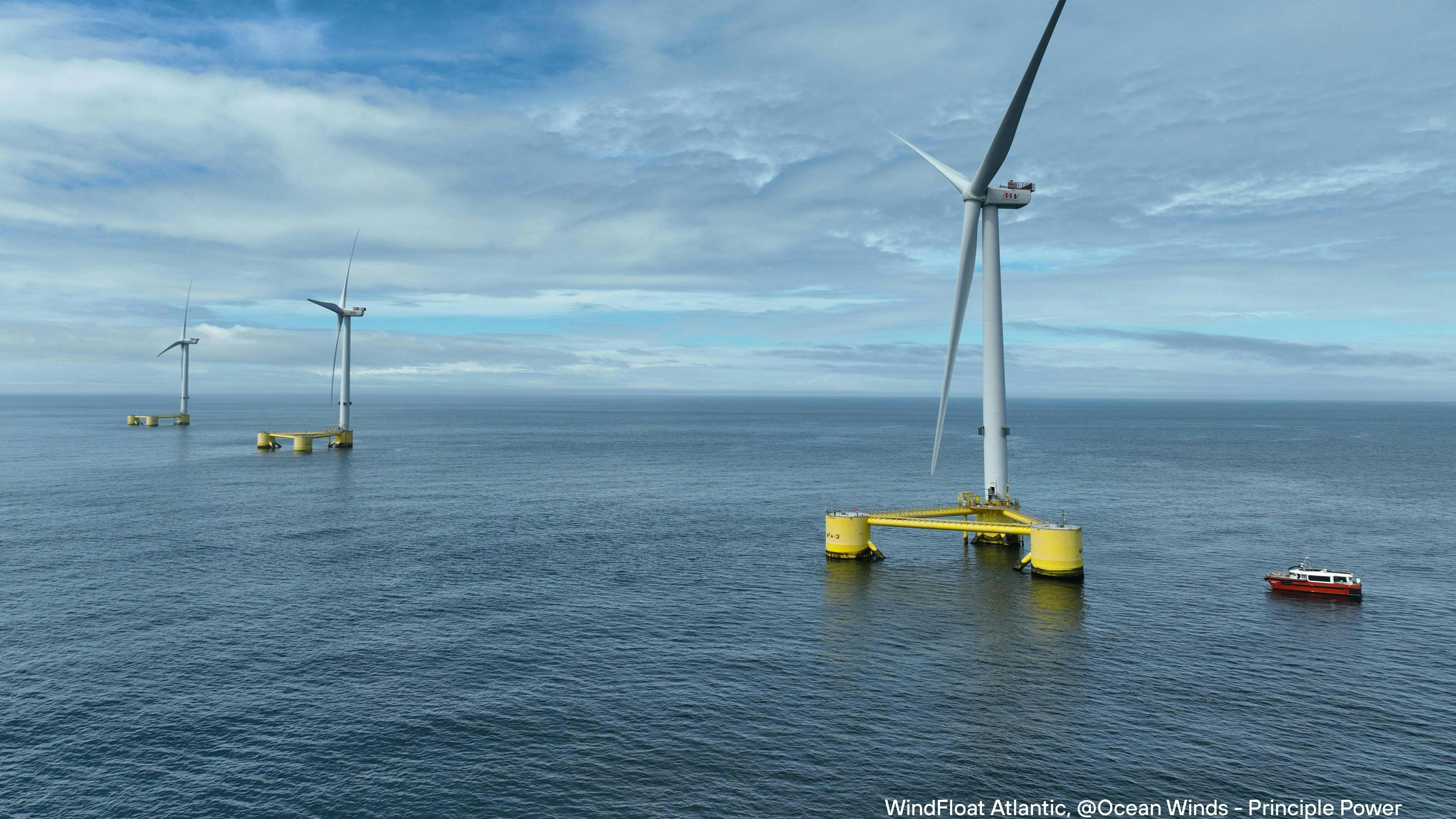The three second-generation WindFloat Atlantic wind turbines, supported by floating columns designed by Principle Power.
