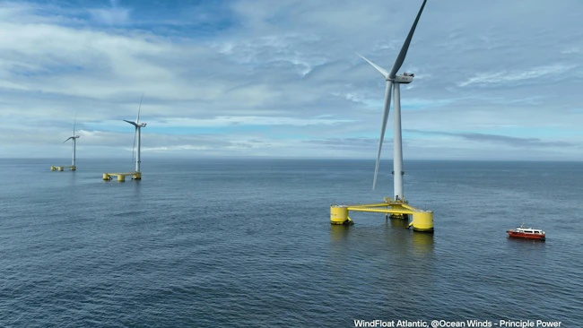 The three second-generation WindFloat Atlantic wind turbines, supported ...